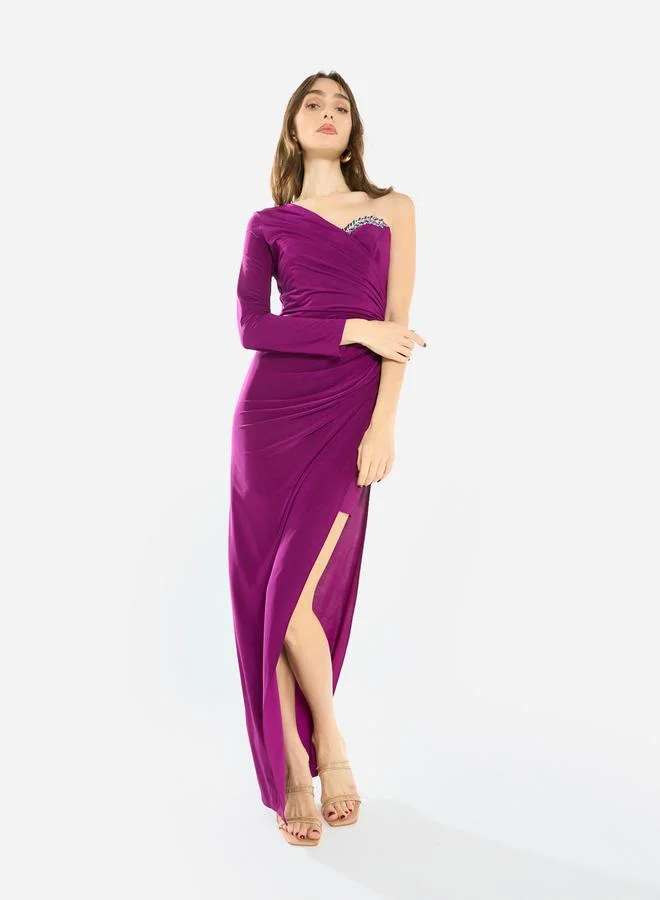 House of Moda Women Crystal Accent Ruched Gown Maxi Dress